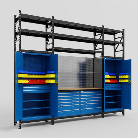 M121 Modular Work Bench with Shelves - H3100mm x W3840mm | MDF WBT | Blue