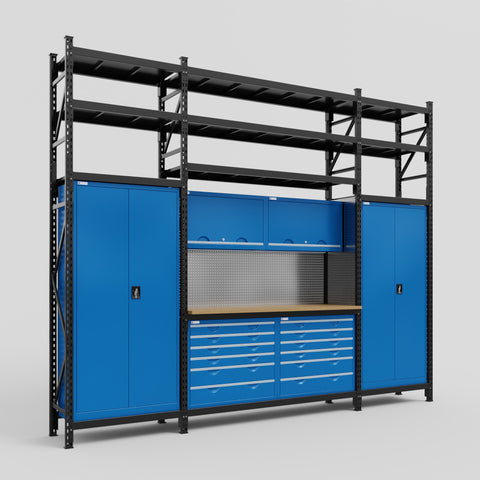 M121 Modular Work Bench with Shelves - H3100mm x W3840mm | MDF WBT | Blue