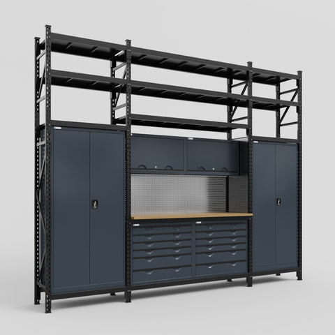 M121 Modular Work Bench with Shelves - H3100mm x W3840mm | MDF WBT | Dark Grey