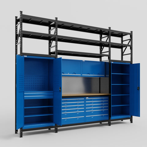 M121 Modular Work Bench with Shelves - H3100mm x W3840mm | MDF WBT | Blue