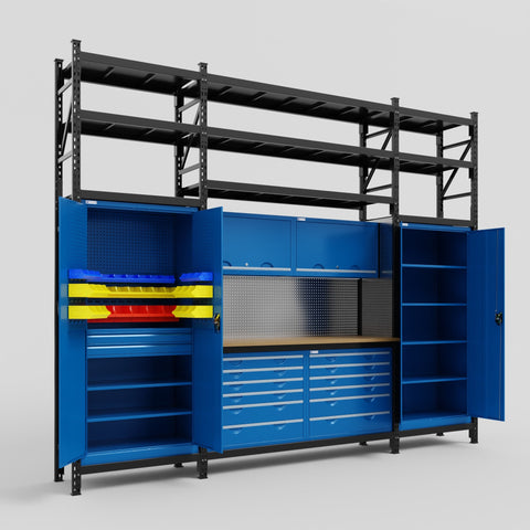 M121 Modular Work Bench with Shelves - H3100mm x W3840mm | MDF WBT | Blue