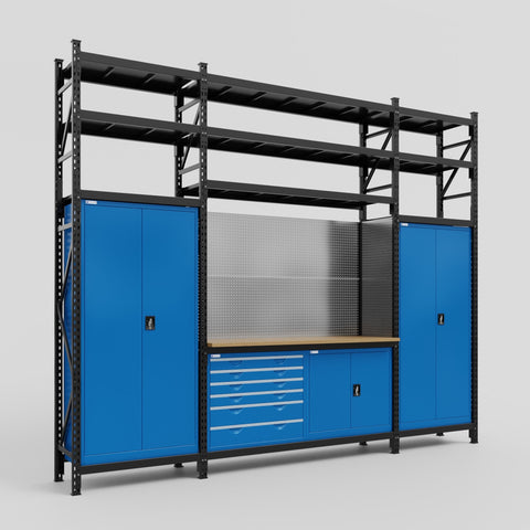M121-3S Modular Work Bench with Shelves - H3100mm x W3840mm | MDF WBT | Blue