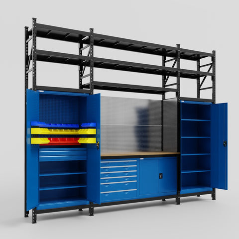 M121-3S Modular Work Bench with Shelves - H3100mm x W3840mm | MDF WBT | Blue