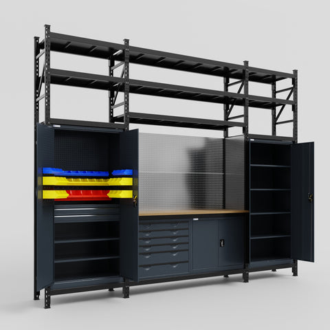 M121-3S Modular Work Bench with Shelves - H3100mm x W3840mm | MDF WBT | Dark Grey