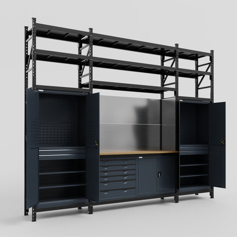 M121-3S Modular Work Bench with Shelves - H3100mm x W3840mm | MDF WBT | Dark Grey