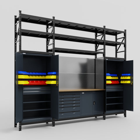 M121-3S Modular Work Bench with Shelves - H3100mm x W3840mm | MDF WBT | Dark Grey
