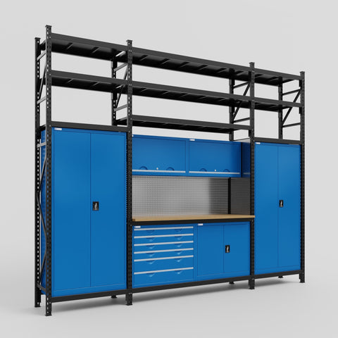 M121-3S Modular Work Bench with Shelves - H3100mm x W3840mm | MDF WBT | Blue