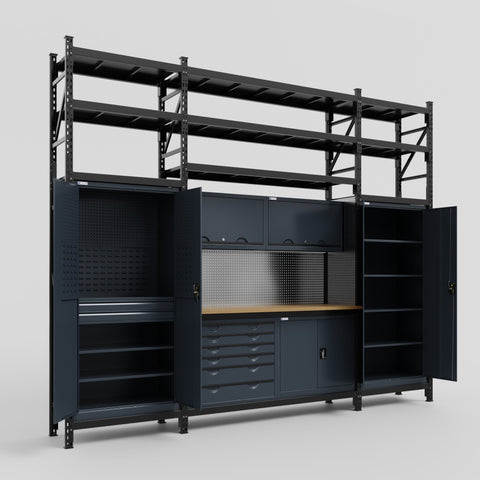 M121-3S Modular Work Bench with Shelves - H3100mm x W3840mm | MDF WBT | Dark Grey