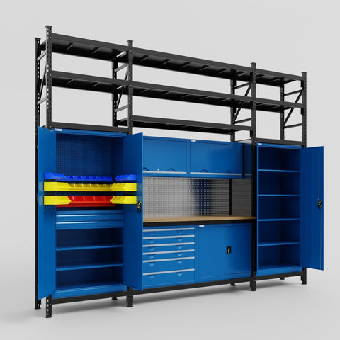 M121-3S Modular Work Bench with Overheads & Shelves - H3100mm x W3840mm | MDF WBT | Blue