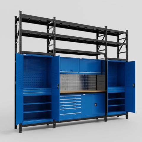 M121-3S Modular Work Bench with Shelves - H3100mm x W3840mm | MDF WBT | Blue