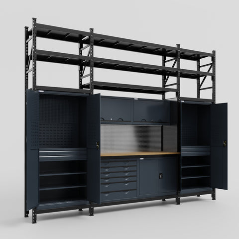 M121-3S Modular Work Bench with Shelves - H3100mm x W3840mm | MDF WBT | Dark Grey