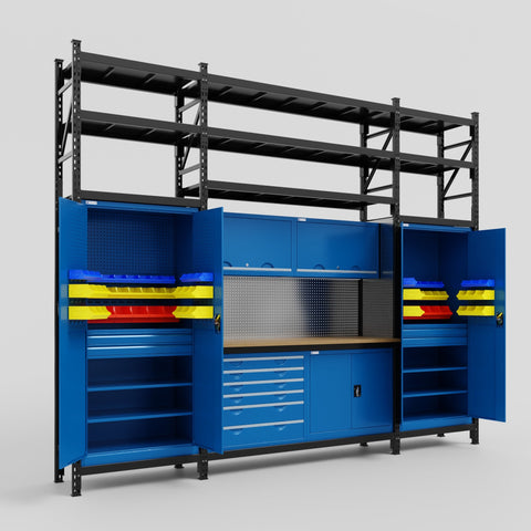 M121-3S Modular Work Bench with Shelves - H3100mm x W3840mm | MDF WBT | Blue
