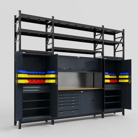 M121-3S Modular Work Bench with Shelves - H3100mm x W3840mm | MDF WBT | Dark Grey
