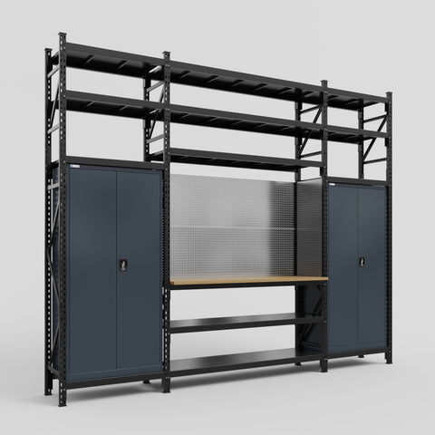 M121 Modular Work Bench with Shelves - H3100mm x W3840mm | MDF WBT | Dark Grey