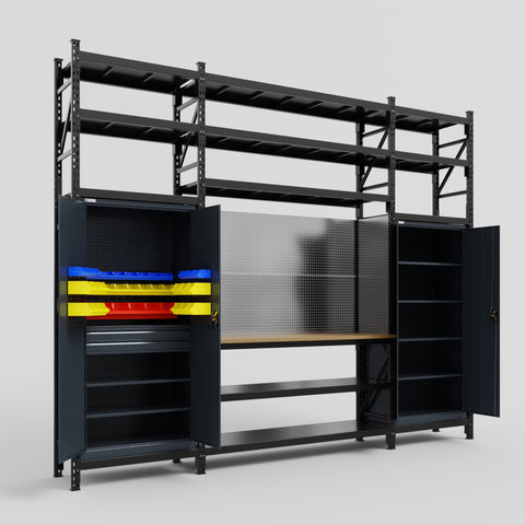 M121 Modular Work Bench with Shelves - H3100mm x W3840mm | MDF WBT | Dark Grey