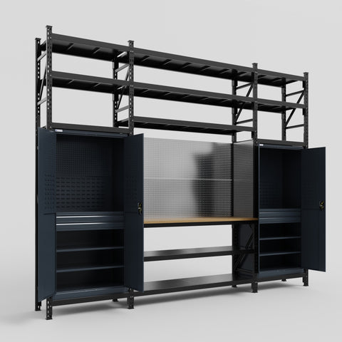 M121 Modular Work Bench with Shelves - H3100mm x W3840mm | MDF WBT | Dark Grey