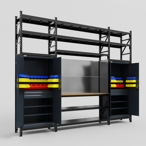 M121 Modular Work Bench with Shelves - H3100mm x W3840mm | MDF WBT | Dark Grey