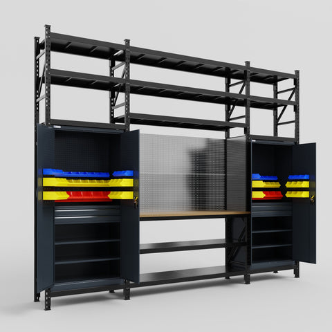M121 Modular Work Bench with Shelves - H3100mm x W3840mm | MDF WBT | Dark Grey