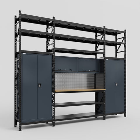 M121 Modular Work Bench with Shelves - H3100mm x W3840mm | MDF WBT | Dark Grey