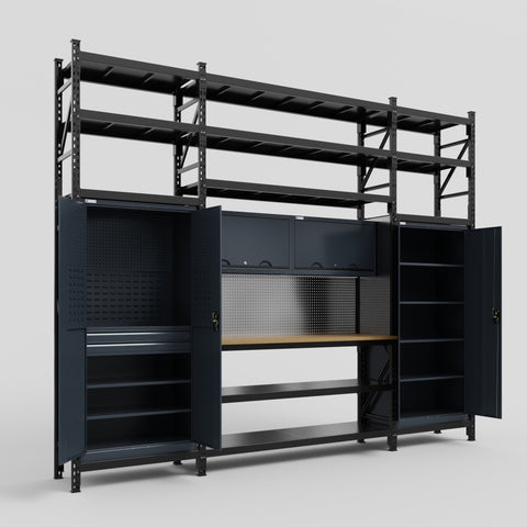 M121 Modular Work Bench with Shelves - H3100mm x W3840mm | MDF WBT | Dark Grey