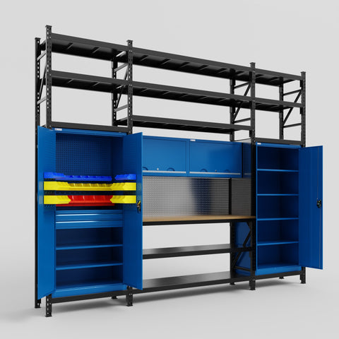 M121 Modular Work Bench with Shelves - H3100mm x W3840mm | MDF WBT | Blue
