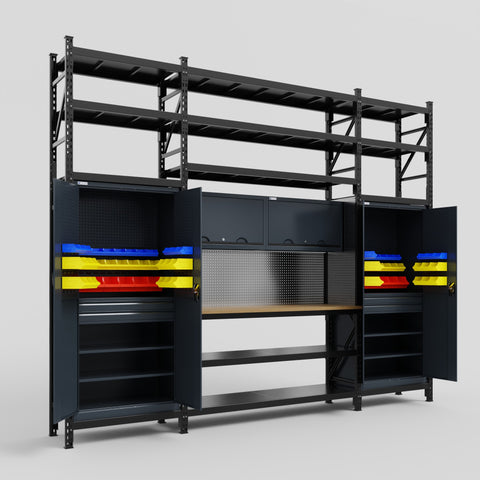 M121 Modular Work Bench with Shelves - H3100mm x W3840mm | MDF WBT | Dark Grey