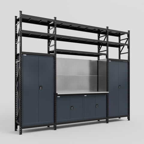 M121 Modular Work Bench with Shelves - H3100mm x W3840mm | Stainless WBT | Dark Grey