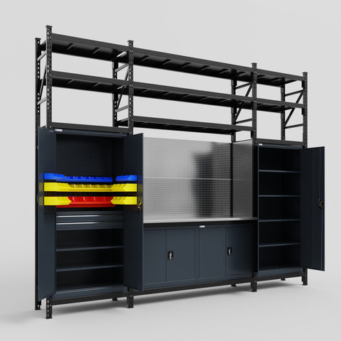 M121 Modular Work Bench with Shelves - H3100mm x W3840mm | Stainless WBT | Dark Grey