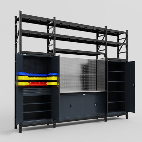 M121 Modular Work Bench with Shelves - H3100mm x W3840mm | Stainless WBT | Dark Grey