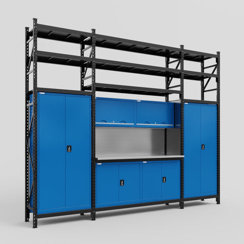 M121 Modular Work Bench with Shelves - H3100mm x W3840mm