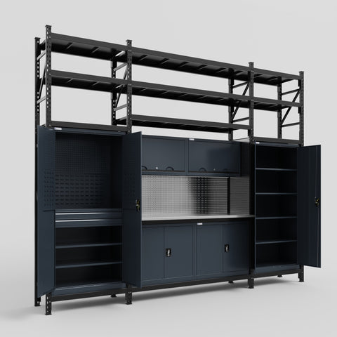 M121 Modular Work Bench with Shelves - H3100mm x W3840mm | Stainless WBT | Dark Grey