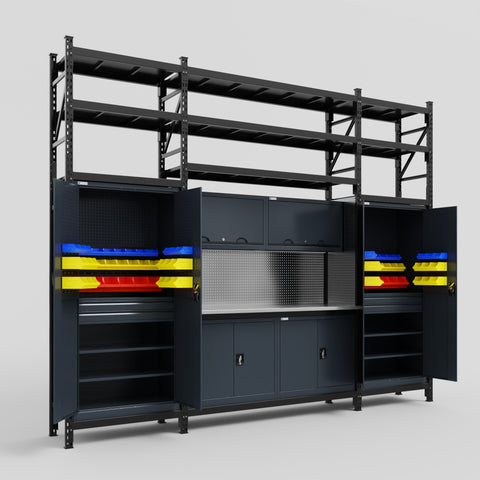 M121 Modular Work Bench with Shelves - H3100mm x W3840mm | Stainless WBT | Dark Grey