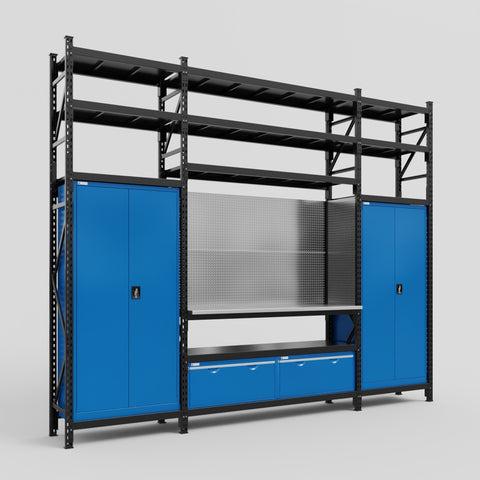 M121 Modular Work Bench with Shelves - H3100mm x W3840mm