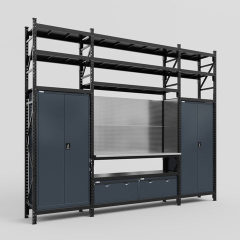 M121 Modular Work Bench with Shelves - H3100mm x W3840mm | Stainless WBT | Dark Grey