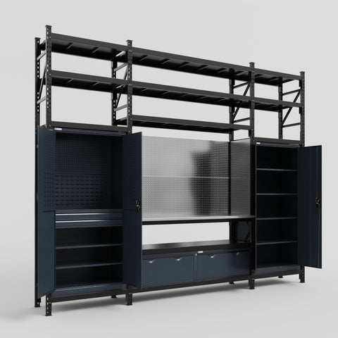 M121 Modular Work Bench with Shelves - H3100mm x W3840mm | Stainless WBT | Dark Grey