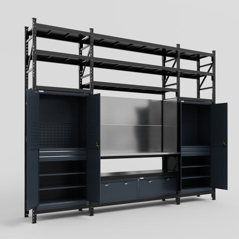 M121 Modular Work Bench with Shelves - H3100mm x W3840mm | Stainless WBT | Dark Grey