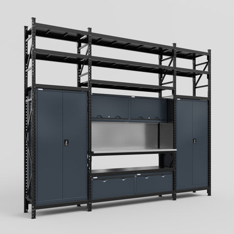 M121 Modular Work Bench with Shelves - H3100mm x W3840mm | Stainless WBT | Dark Grey