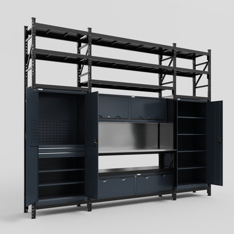 M121 Modular Work Bench with Shelves - H3100mm x W3840mm | Stainless WBT | Dark Grey
