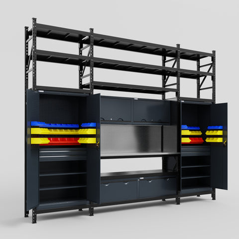 M121 Modular Work Bench with Shelves - H3100mm x W3840mm | Stainless WBT | Dark Grey