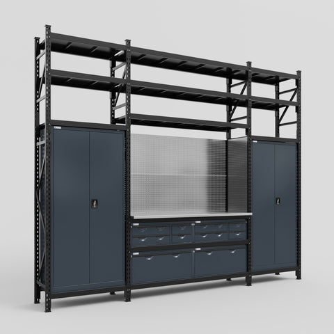 M121 Modular Work Bench with Shelves - H3100mm x W3840mm | Stainless WBT | Dark Grey