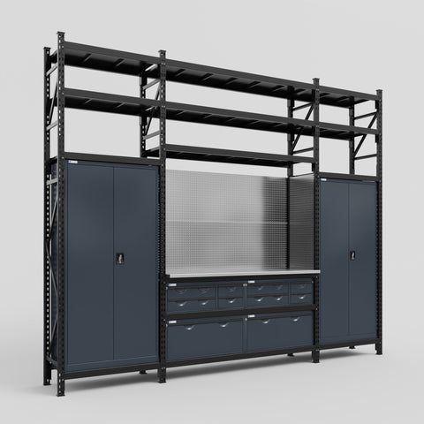 M121 Modular Work Bench with Shelves - H3100mm x W3840mm | Stainless WBT | Dark Grey