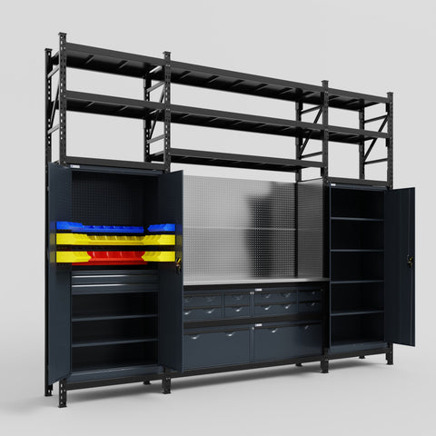 M121 Modular Work Bench with Shelves - H3100mm x W3840mm | Stainless WBT | Dark Grey