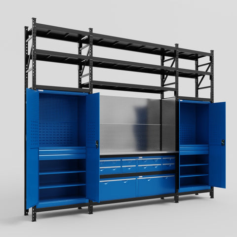 M121 Modular Work Bench with Shelves - H3100mm x W3840mm