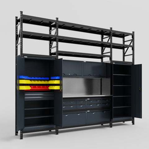 M121 Modular Work Bench with Shelves - H3100mm x W3840mm | Stainless WBT | Dark Grey
