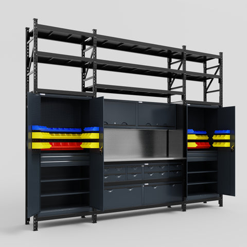 M121 Modular Work Bench with Shelves - H3100mm x W3840mm | Stainless WBT | Dark Grey
