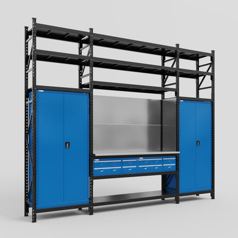 M121 Modular Work Bench with Shelves - H3100mm x W3840mm
