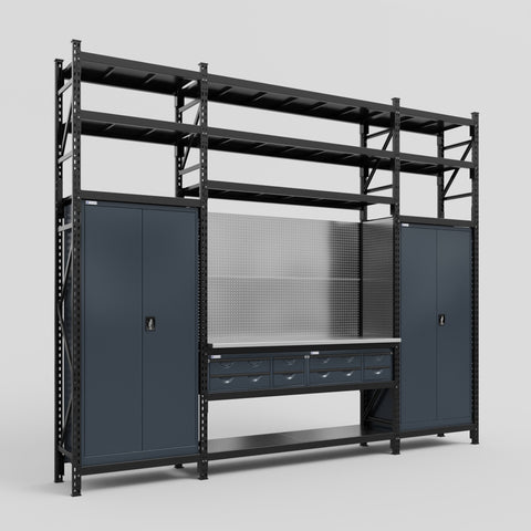 M121 Modular Work Bench with Shelves - H3100mm x W3840mm | Stainless WBT | Dark Grey