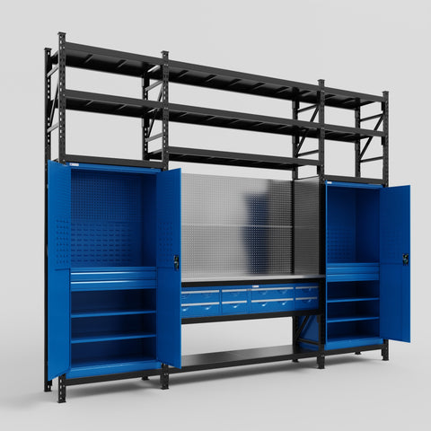 M121 Modular Work Bench with Shelves - H3100mm x W3840mm
