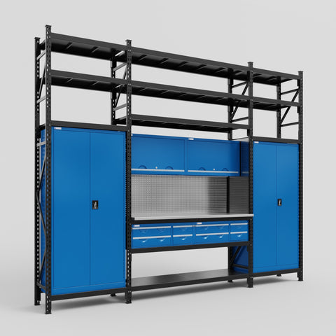 M121 Modular Work Bench with Shelves - H3100mm x W3840mm