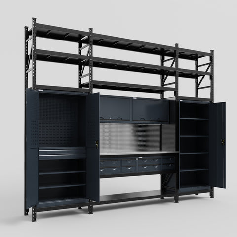 M121 Modular Work Bench with Shelves - H3100mm x W3840mm | Stainless WBT | Dark Grey